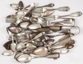 SILVER FLATWARE AND TONGS, MOSTLY COIN,