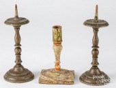 PAIR OF PRICKET CANDLESTICKS & ANOTHER