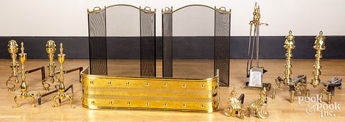 LARGE GROUP OF BRASS FIREPLACE ACCESSORIES