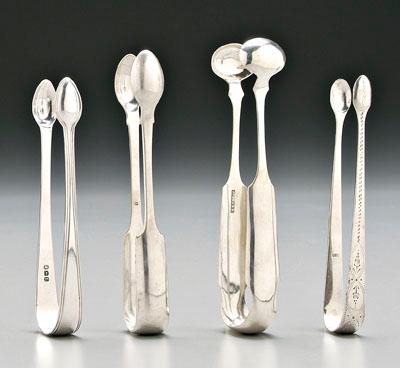 Four pairs silver tongs: one English,