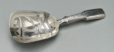 English silver tea caddy shovel, fig design