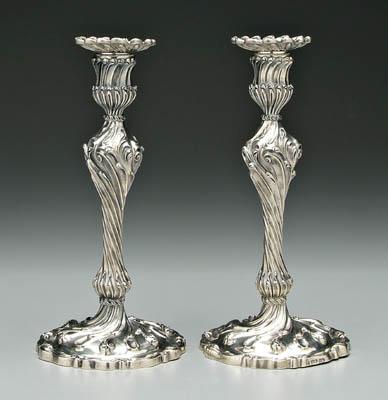 Pair elaborate English silver candlesticks  91827