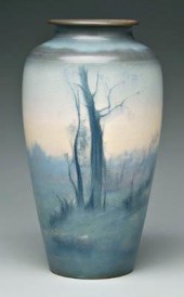 Large Rookwood vellum vase, trees silhouetted