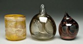 Three modern art glass vases: one cylindrical