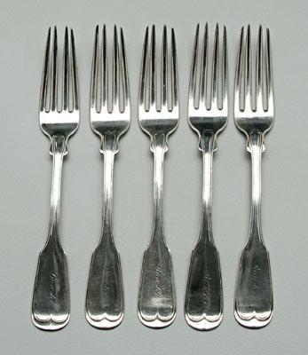 Five Charleston silver forks, fiddle