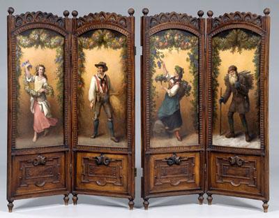 Victorian carved hand painted screen, four