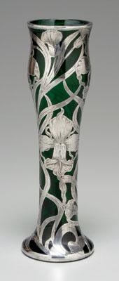 Silver overlay vase emerald green 93022