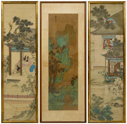 Two Chinese paintings hanging 93534