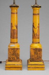 Pair toleware lamps: tapered columns