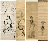Four Japanese hanging scrolls: one ink