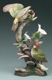 Boehm figural group, two green woodpeckers