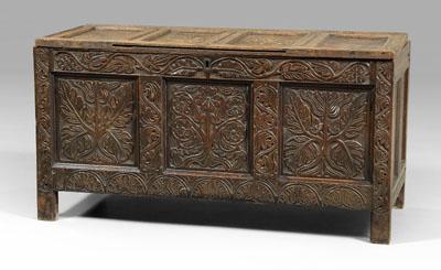 17th century oak lift-top chest, frame-and-panel