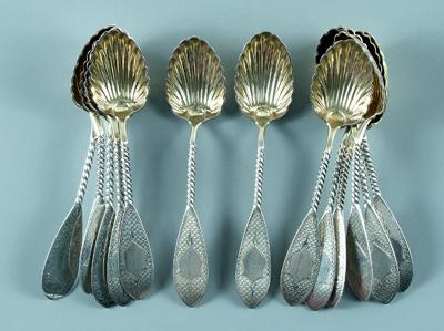 Thirteen coin silver spoons shell 9451f