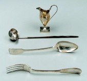 Four English silver items: serving spoon,