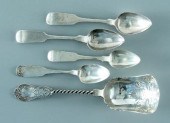 Five Southern coin silver spoons: serving