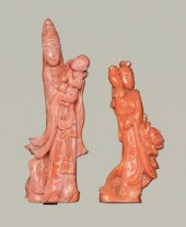 Two Chinese carved coral figures: Guanyin