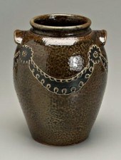 Edgefield style stoneware jar, two lug