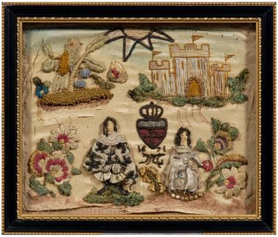 Fine 1671 betrothal needlework, man and woman