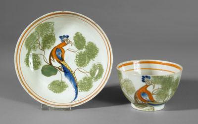 Spatterware cup and saucer peafowl 94ecf