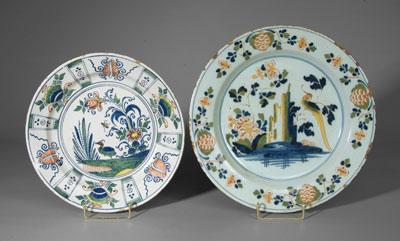 Two Delft chargers: one with polychrome