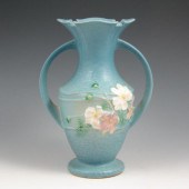 Roseville blue Cosmos handled vase.