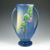 Roseville blue Fuchsia handled vase