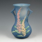 Roseville blue Foxglove handled vase.