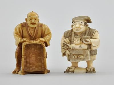 Two Carved Ivory Netsukes Containing: a carved