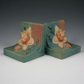 Pair of blue Roseville Magnolia bookends.
