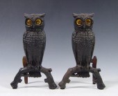 CAST IRON OWL ANDIRONS WITH GLASS EYES: