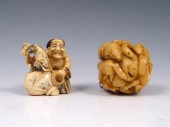 CARVED SIGNED IVORY NETSUKES: Two piece,