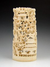 CHINESE CARVED IVORY TUSK VILLAGE: Carved