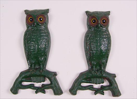 PAIR 1887 OWL ANDIRONS WITH GLASS b9264