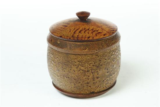 DECORATED TREENWARE CONTAINER.