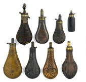 SIX VICTORIAN COPPER POWDER FLASKS AND