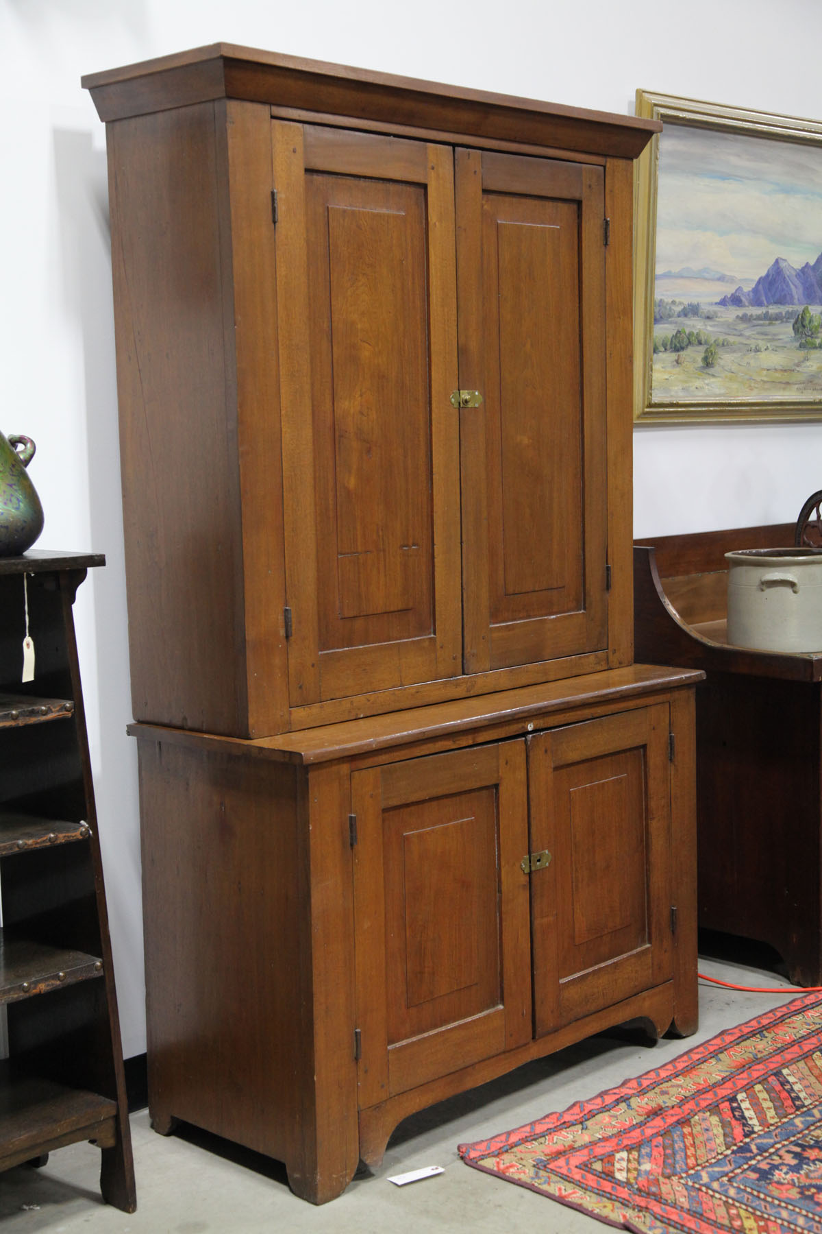 TWO PIECE STEPBACK CUPBOARD.  American  second