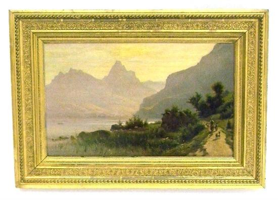 Oil on canvas view of Alps fishing 10c341