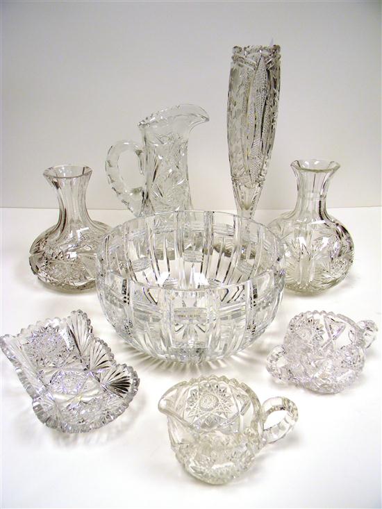 Eight pieces of cut glass including: