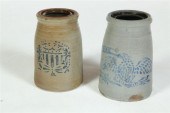 TWO STONEWARE CANNING JARS.  American