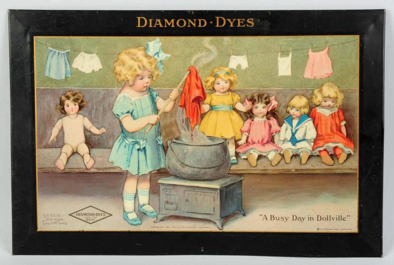 Tin Diamond Dyes Self-Framed Sign. 
Dated