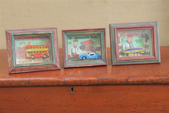 THREE PIECES Framed toy advertisements 10e43c