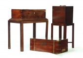 TWO TABLE TOP DESKS AND A DECANTER CASE.