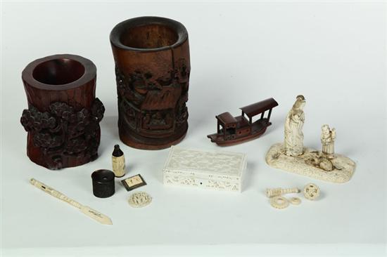 GROUP OF CARVED ITEMS AND TWO BRUSH 115d1e