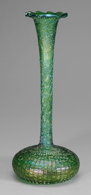 Iridescent Creta Chine art glass vase, flared