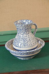 WASH BOWL AND PITCHER. Blue and white