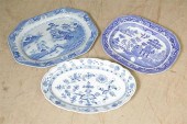 THREE BLUE AND WHITE PLATTERS. Including