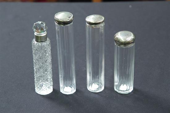FOUR GLASS AND SILVER DRESSER BOTTLES  11732c