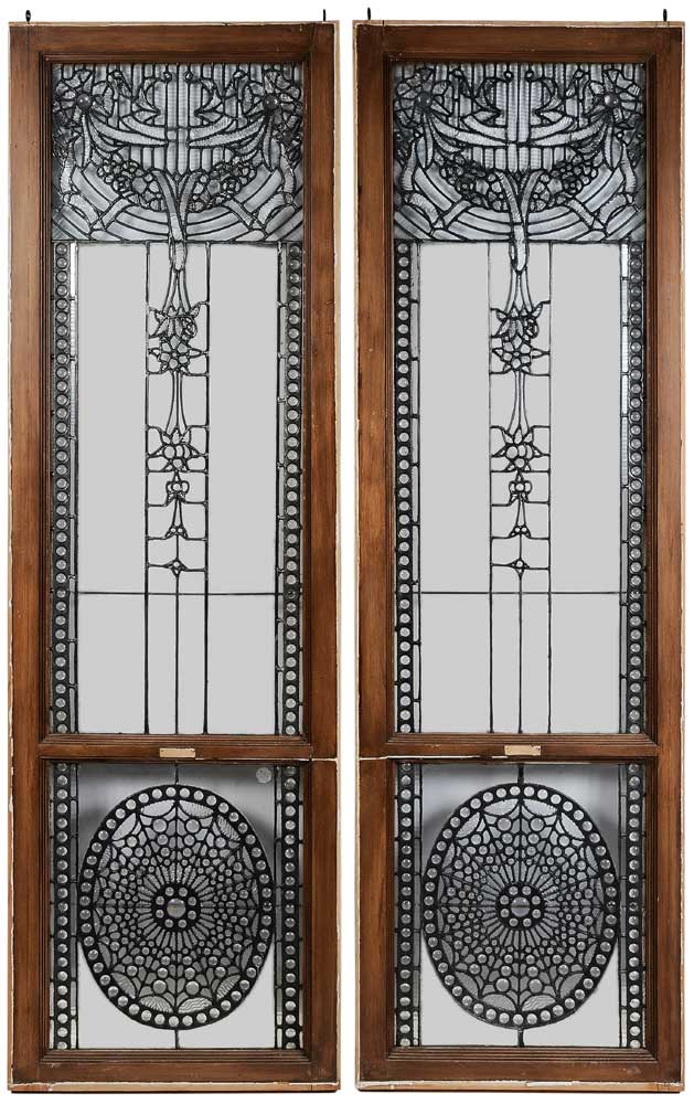 Pair Art Nouveau Leaded Glass Architectural 11ab77