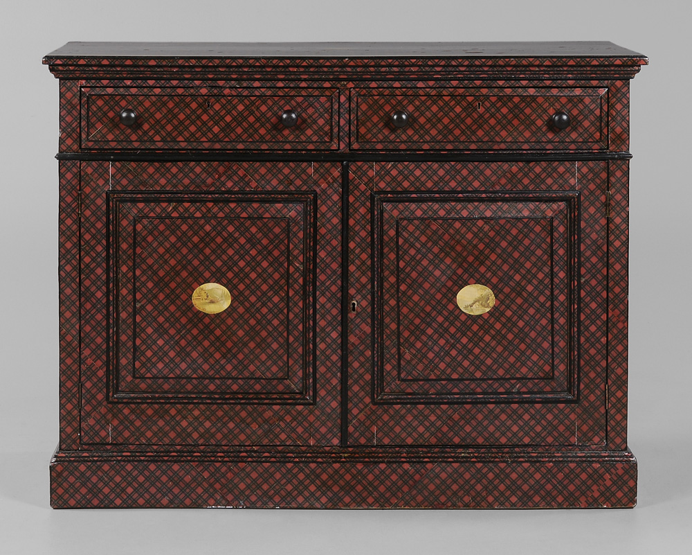 Tartan-Decorated Oak Cabinet British, 19th