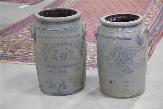 TWO STONEWARE CROCKS. Four gallon crock with